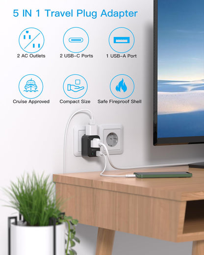 South Africa Travel Plug Adapter, HANYCONY Type M Power Adapter with 2 AC Outlets 3 USB Ports(2 USB C) for US to South Africa Botswana Namibia India Nepal Bhutan Sri Lanka