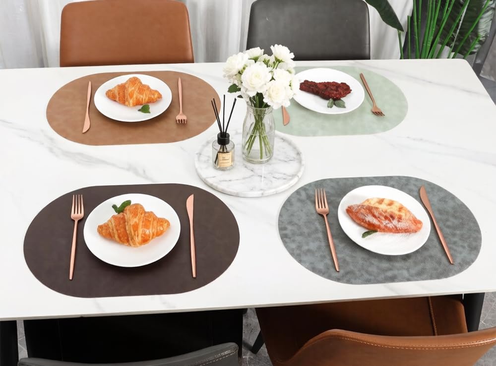 Oval Leather Placemats Set of 6 Washable,Heat Resistant Table Mats for Dining Table, Durable and Easy to Clean for Daily Use (Black Brown)