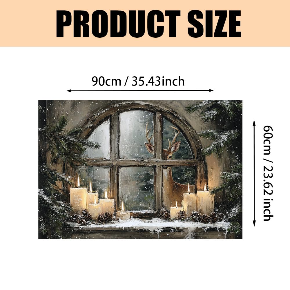 WDESYADMS 35.5x23.6 Inch Winter Window Scene Wall Decals PVC Candle Pine Cones Deer Artwork Peel and Stick Decorative Film for Home Cooking Area Backsplash Stovetop Space Holiday Seasonal Style