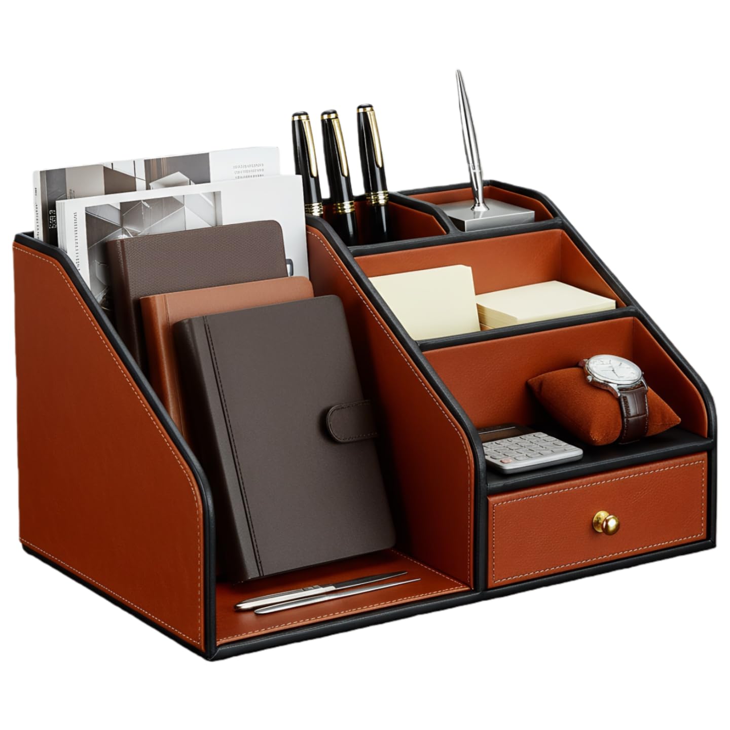 KINGFOM PU Leather Desk Organizer, Multifunction 6 Compartment Desk Organizers and Accessories for Office Supplies, Pen Pencil Holder/Book Mail Organizer Holder for Desk with Drawer (Brown)
