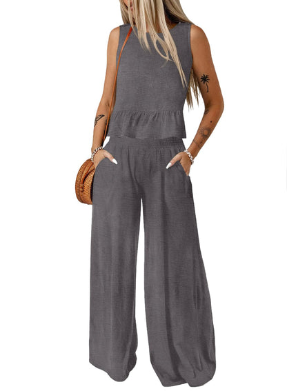 Dokotoo Pants Sets Women 2 Piece Outfits Sleeveless Round Neck Tank Tops Matching Sets for Women Elastic Waist Wide Leg