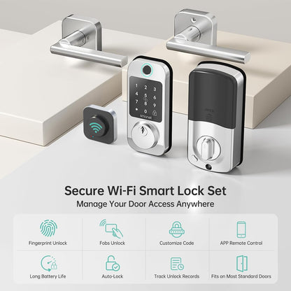 Keyless Door Lock with Handle Set - SMONET WiFi Fingerprint Smart Locks for Front Door, App Remote Control, Digital Bluetooth Keypad Deadbolt Set with Alexa, Auto Lock, Code, Fobs for Home Black