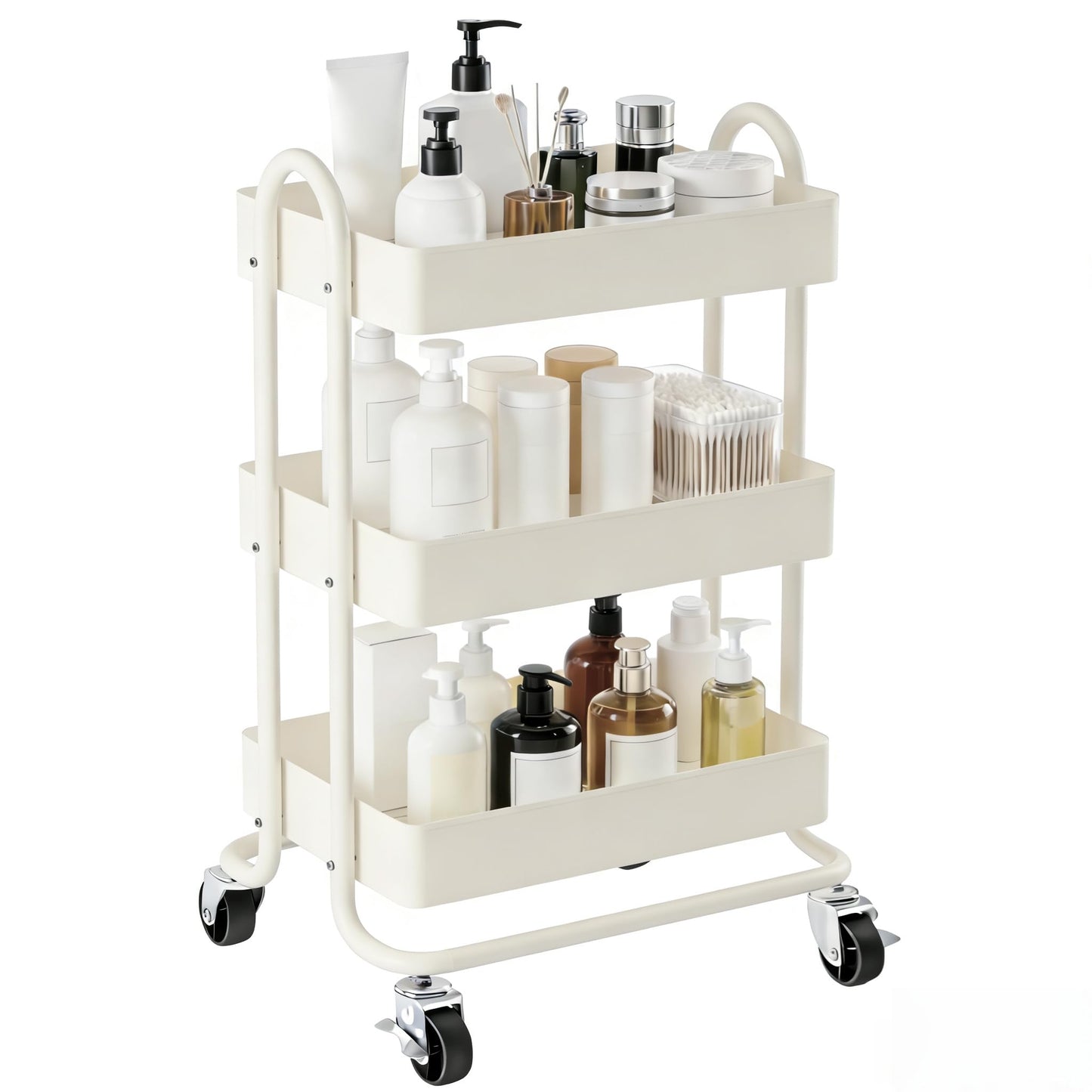 SIMHOMSTOR 3 Tier Metal Rolling Cart, Utility Storage Cart Shelf Organizer with Wheels for Home & Office, Cream