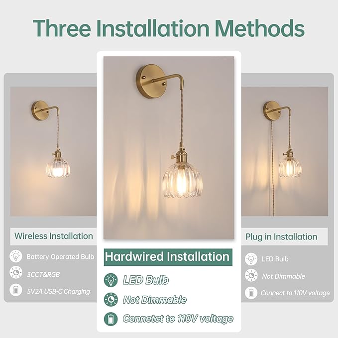 Vintage Wall Sconce Wall Lamp Clear Tulip Shade Pattern Glass Adjustable Chain Retro Gold Wall Mounted Light, Wall Lamp Fixtures Decor for Bedside Bedroom Indoor Doorway