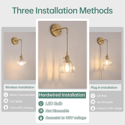 Vintage Wall Sconce Wall Lamp Clear Tulip Shade Pattern Glass Adjustable Chain Retro Gold Wall Mounted Light, Wall Lamp Fixtures Decor for Bedside Bedroom Indoor Doorway