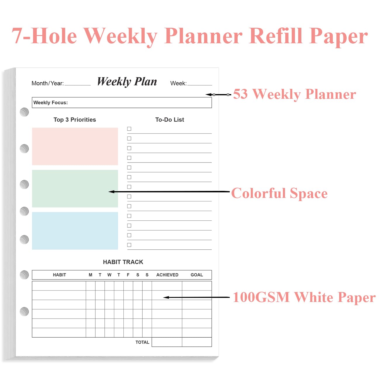 (2-PACK) Weekly Planner Refills for 3 or 7 Ring Mini Binders - 106 Sheets/212 Pages Undated Colorful Weekly Planner, 100 gsm White Paper, Lasts 2 Year, Undated, 5.8" x 8.3"