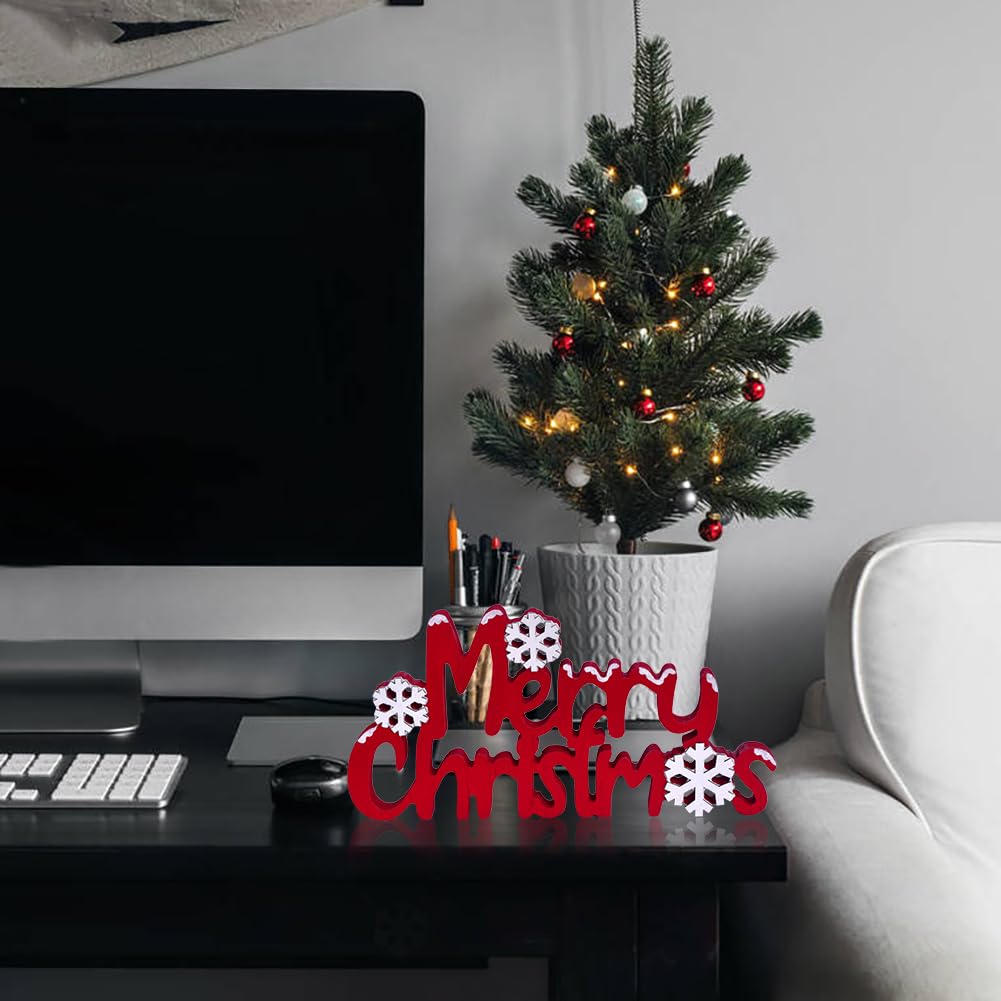 Merry Christmas Sign Wooden Tabletop Decoration, Freestanding Christmas Shelf Decor with 3D Snowflake, Red and White Xmas Decorations for Home, Mantle, Tiered Tray (Red)