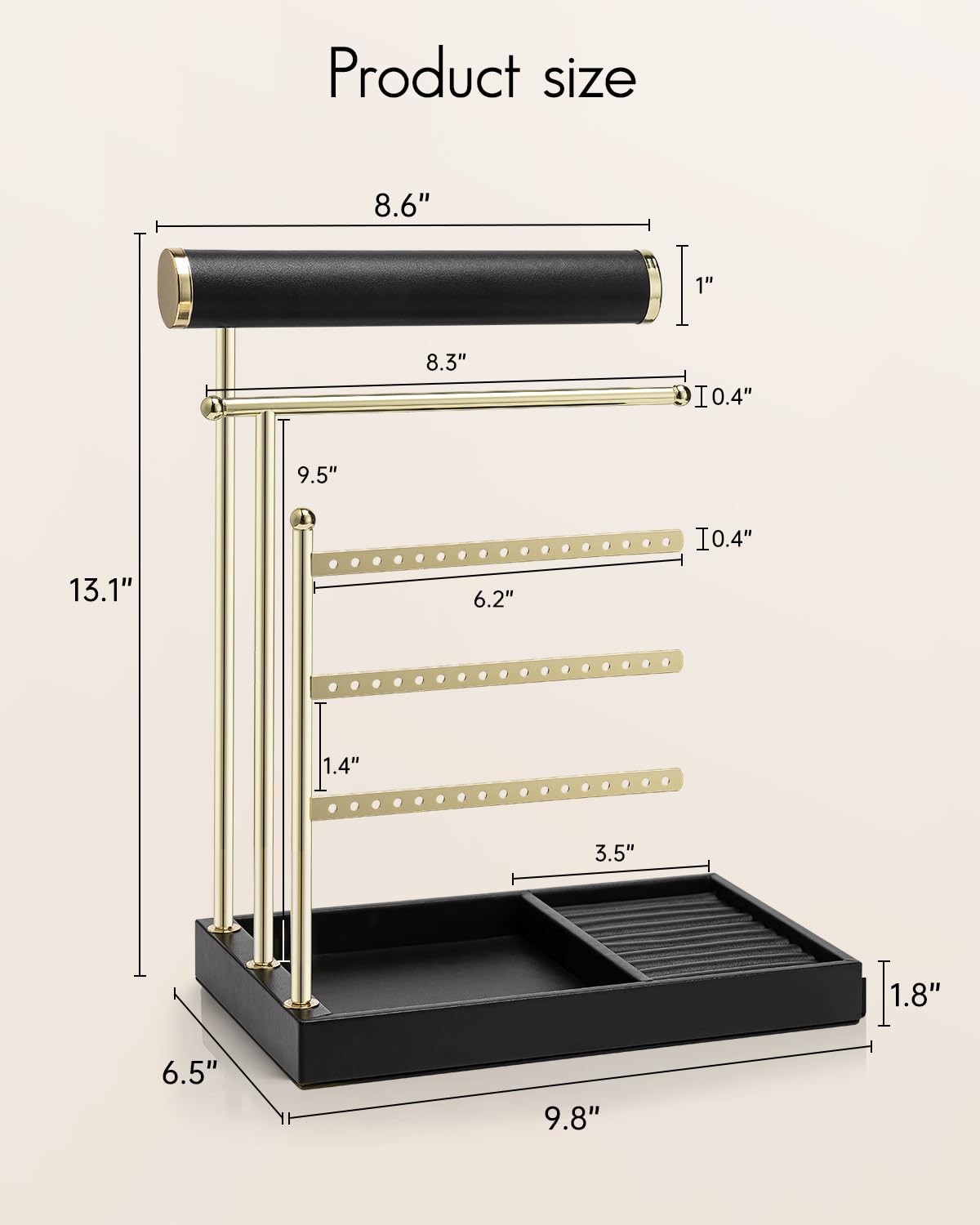 VLANDO Jewelry Stand Organizer with Ring Holder Tray, Necklace and Earring Storage for Bracelets, Watches and Rings, PU Leather Covered Wooden Tray with Gold Metal Frame - Black