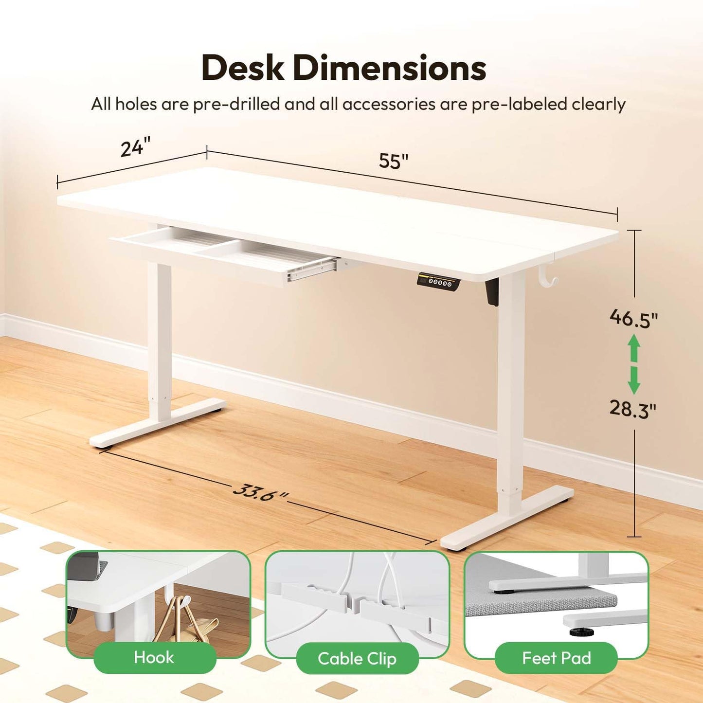 Gamork Electric Standing Desk with Drawers,55x24 inches Height Adjustable Sit-Stand Desk with Storage Shelf,3 Preset Heights,Equipped with Hooks,Ergonomic Gaming Table for Home and Study，White