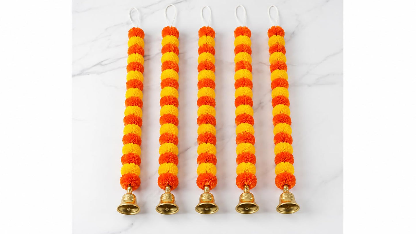 Arts Of India Handmade Artificial Marigold Flowers Garland for Decoration Door Toran Genda Phool for Diwali Wedding/Festivals with Bells Pack of 5