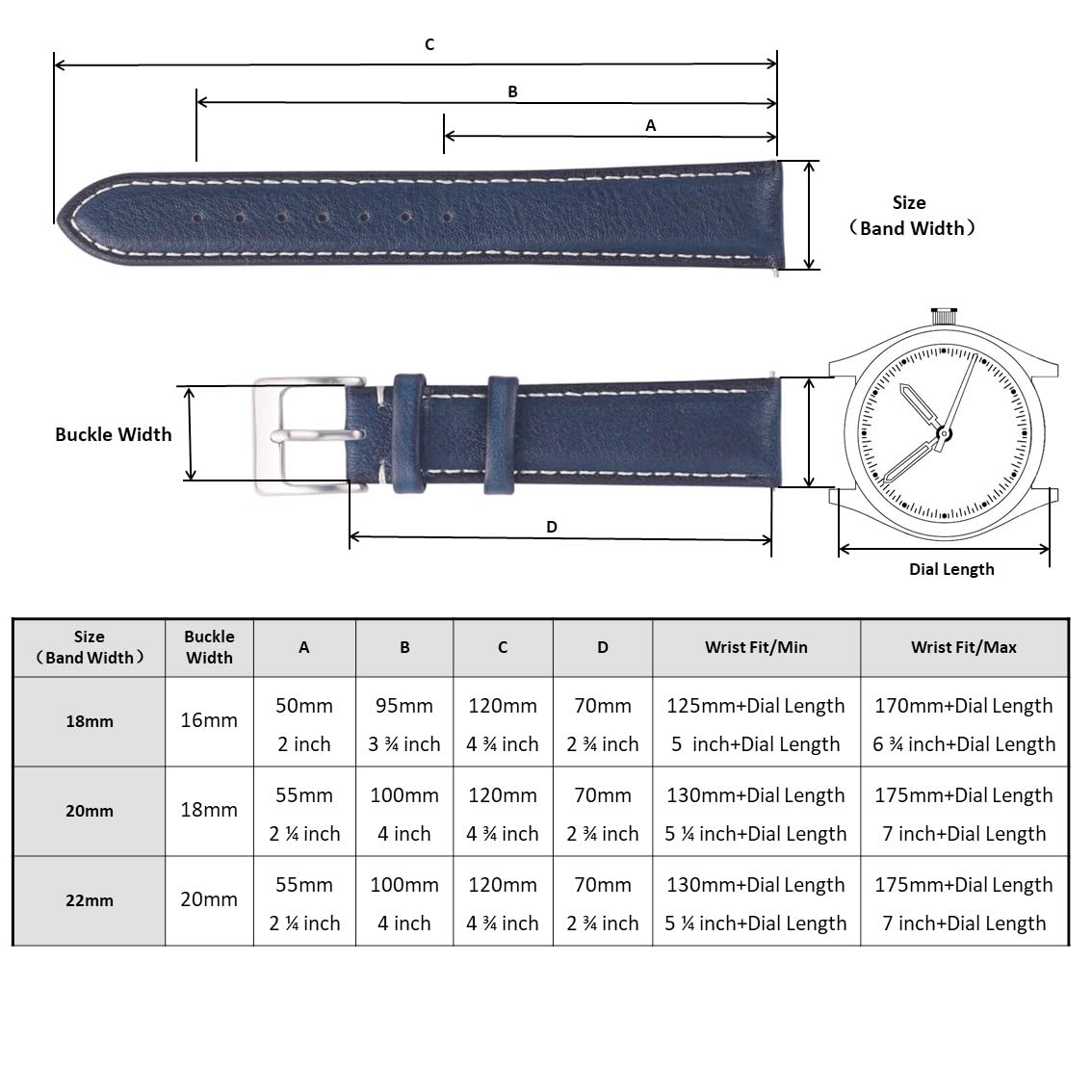Berfine 20mm Top Grain Leather Watch Band, Quick Release Watch Strap, Blue