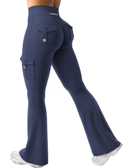 YEOREO CoreFlex Women Workout Flare Leggings with Pockets Hidden Scrunch High Waisted Cargo Gym Yoga Leggings Navy L