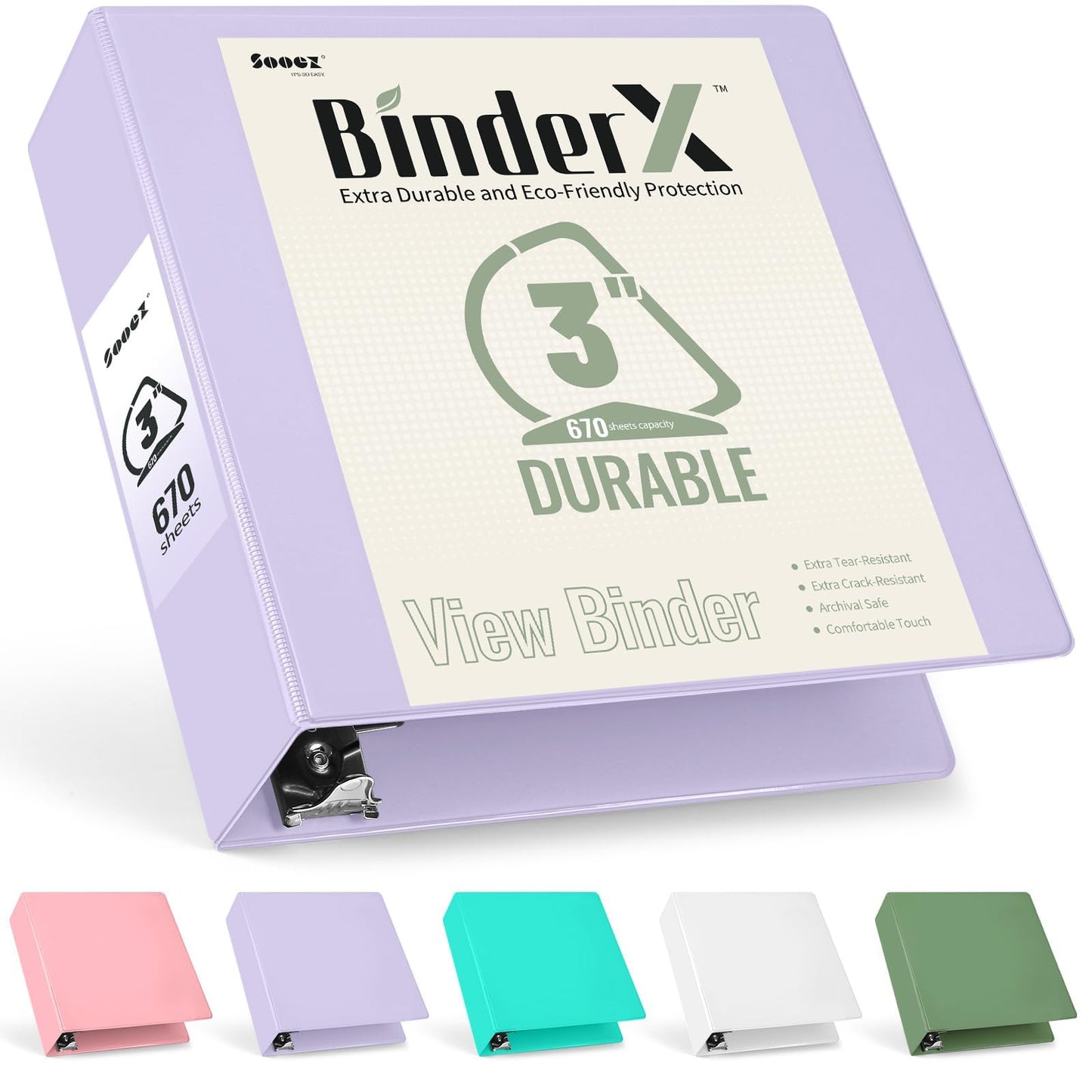Sooez BinderX Extra Durable 3 Inch 3 Ring Binder, D-Ring Large Binders, Holds 670 Sheets of 8.5x11 Paper, Customizable View Cover with 2 Inside Pockets, School & Office Supplies, Lavender