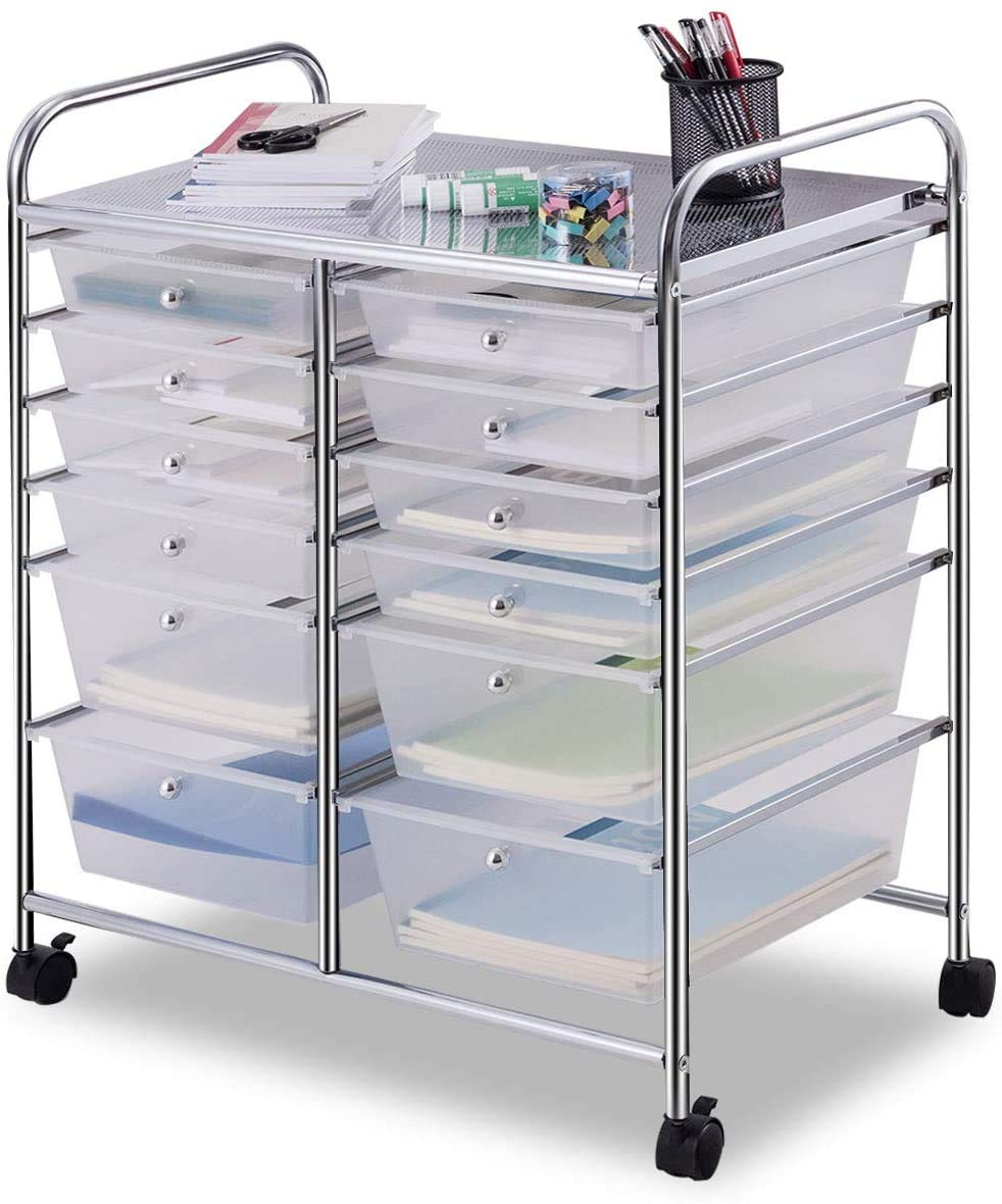 Moccha 12-Drawer Rolling Storage Cart - Under Desk Storage Drawers with wheels for Craft Art Supply Paper Salon, Scrapbook Paper Tools, Mobile Utility Cart for Classroom, Clear