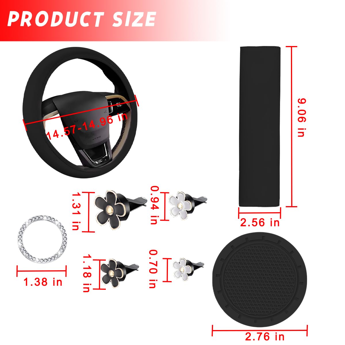 KHGUZ 10PCS Car Accessories Set, Vehicle Steering Wheel Cover Seatbelt Protector Cup Holder Coaster Push Start Button Cover Flower Auto Air Vent Clip, Universal for SUV, Truck, RV (Black)