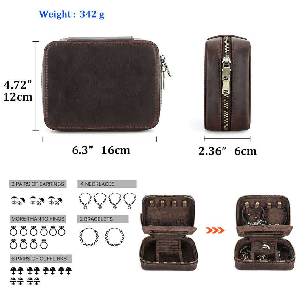 CONTACTS Full Grain Leather Jewelry Box for Men Travel Jewelry Organizer by Handmade Zipper Jewelry Cufflinks Ring Necklace Bracelet Storage Case with Mirror, Rectangular+mirror, Coffee