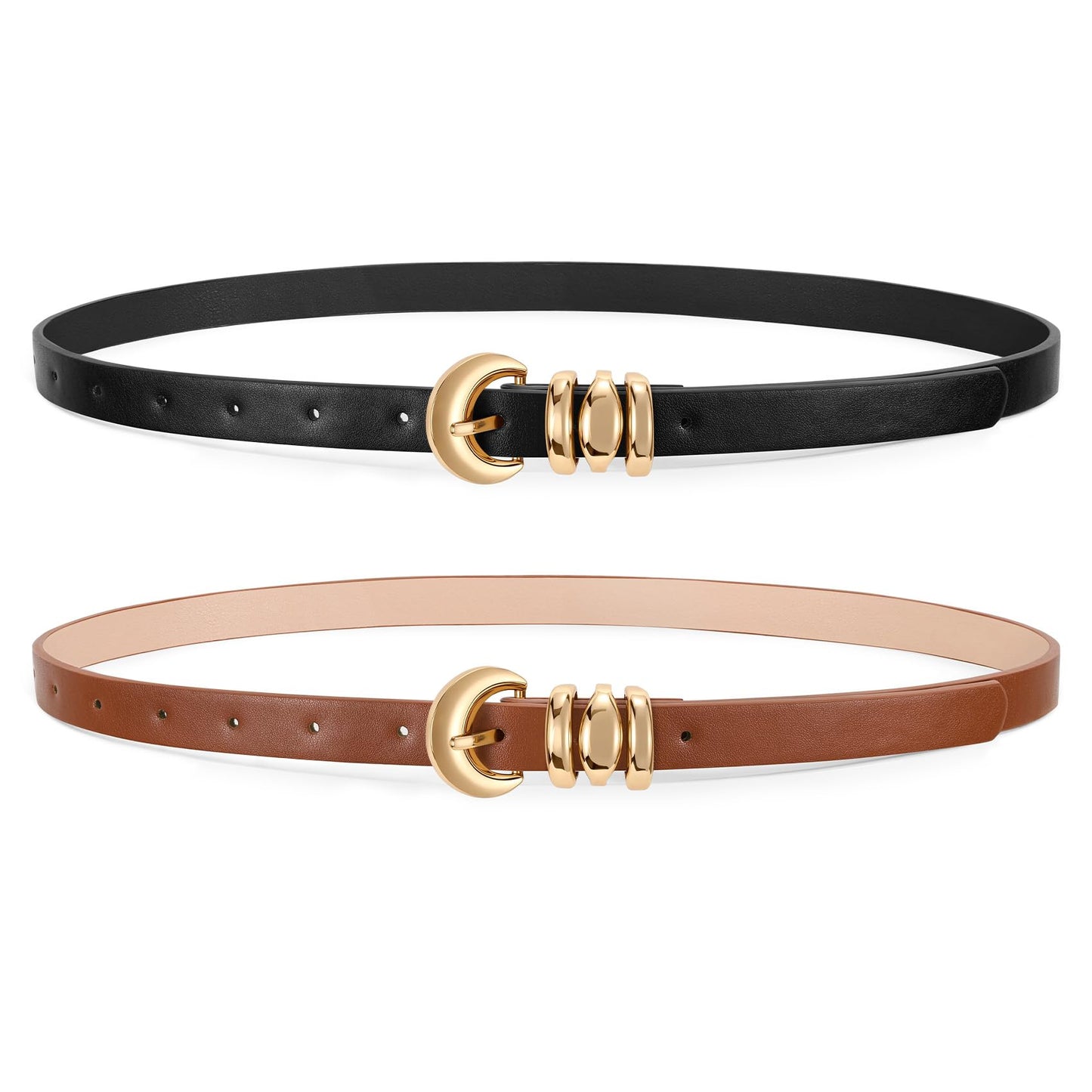 XZQTIVE 2 Pack 0.71'' Womens Skinny Leather Belts for Ladies Thin Waist Belt for Jeans Dress Pants with Fashion Gold Buckle, Black/Brown, Fits Pant Sizes 33-37 inch