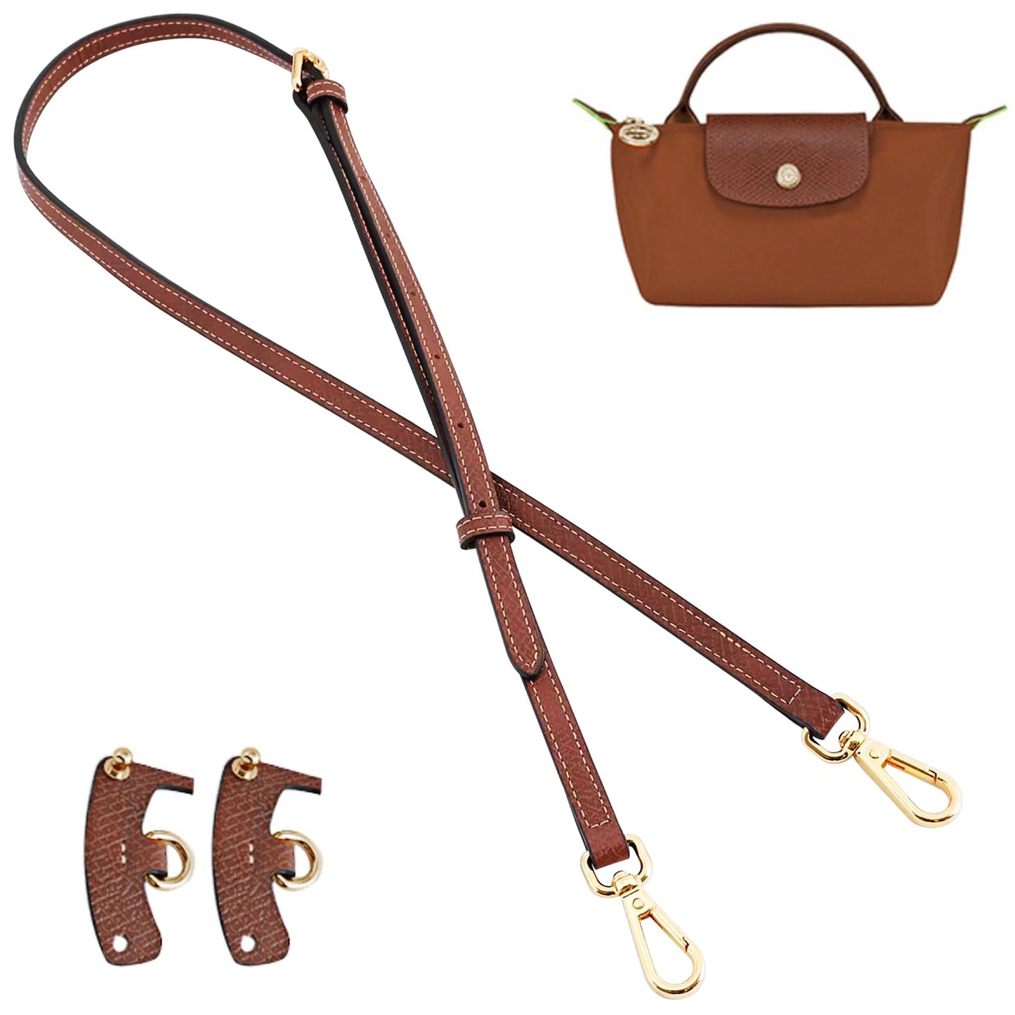 jiesinlov Leather Bag Shoulder Strap Compatible with Mini Pouch,Purse Straps Crossbody Adjustable Replacement Conversion accessories Kit Fit for xs Le Pliage Handbag (BROWN-GOLD)