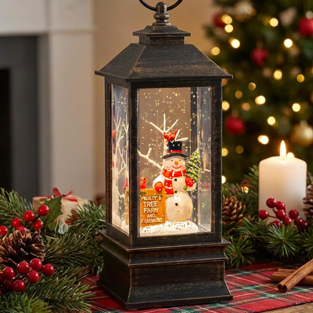 10" Christmas Snow Globe Lantern with Farm Snowman，Lighted Swirling Glittering Snow Globes with Music & Timer, Christmas Decorations for Home Tabletop Indoor