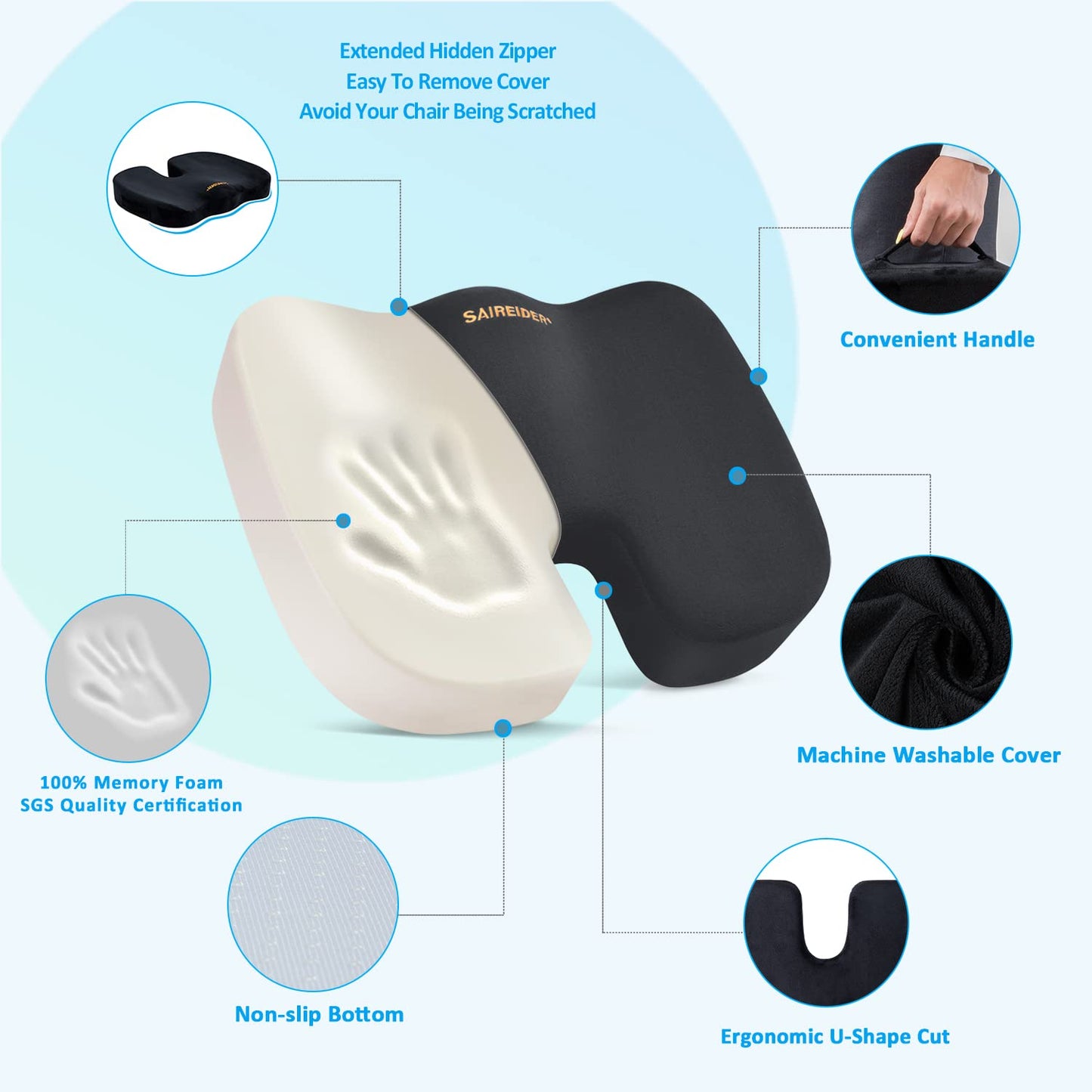 SAIREIDER Seat Cushion and Lumbar Support Pillow for Office Chair, Memory Foam Car Seat Cushions Back Support Pillows, Help Relieve Pain of Back, Lumbar, Tailbone and Sciatic Nerve（Black）