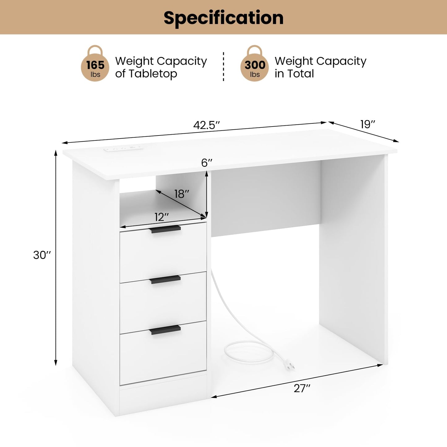 Tangkula White Desk with 3 Drawers & Charge Station, Home Office Desk with Open Shelf, Study Writing Desk, PC Desk Computer Workstation, Modern Computer Desk for Bedroom, Study
