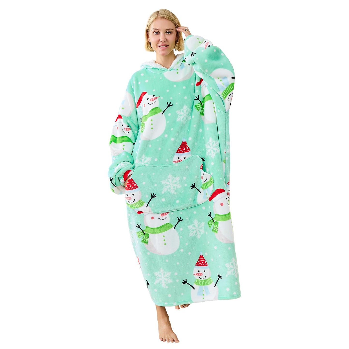 Moinlizy Wearable Blanket Hoodie, Long Thick Hooded Blanket Oversized for Adults Women Men with Pocket and Sleeves, Christmas Green Snowman