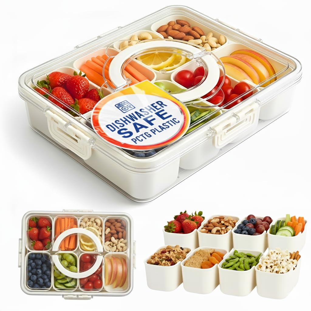 Tidy Club Dishwasher Safe Snackle Box 8 Removable Compartments - Premium PCTG Plastic - Divided Serving Tray with Lid and Handle - Beach Snack Containers - BPA Free - Airplane Snack Container
