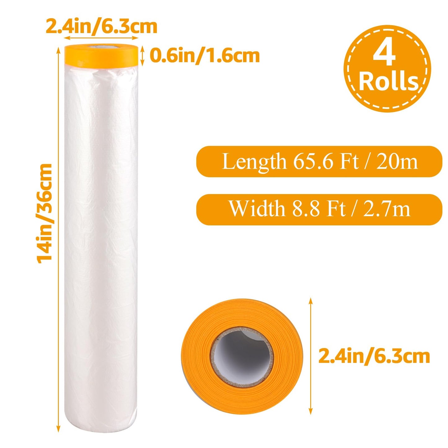 LOYORTY 4 Rolls 8.8 x 65 Feet Painters Plastic Sheeting, Pre-Taped Masking Film, Clear Drop Cloth for Painting, Automotive Covering and Appliance Protection