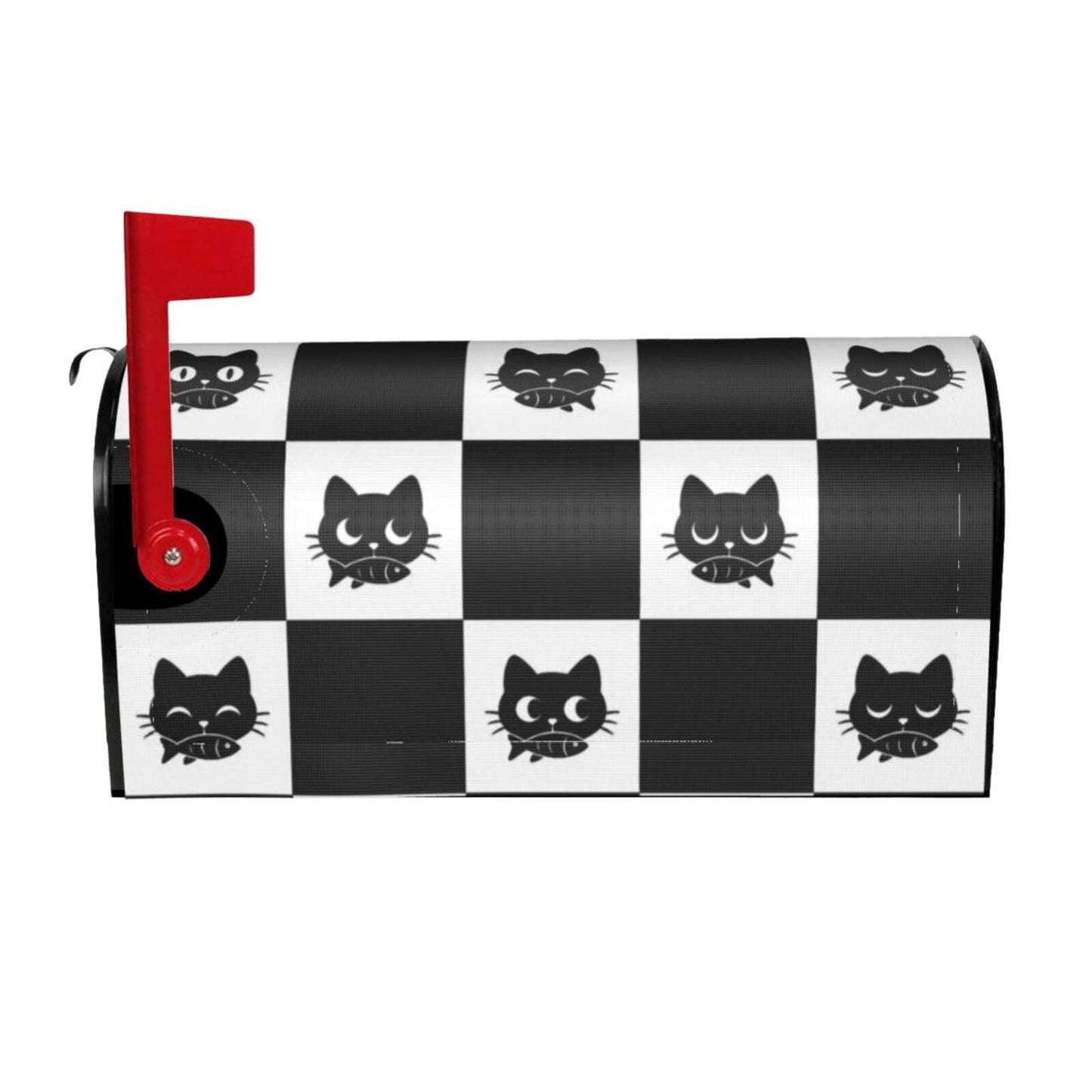 Black and White Checkered Cat with Fish Mailbox Covers, Mail Wraps Yard Home Decor for Outdoor Garden Standard Size 21x18 in