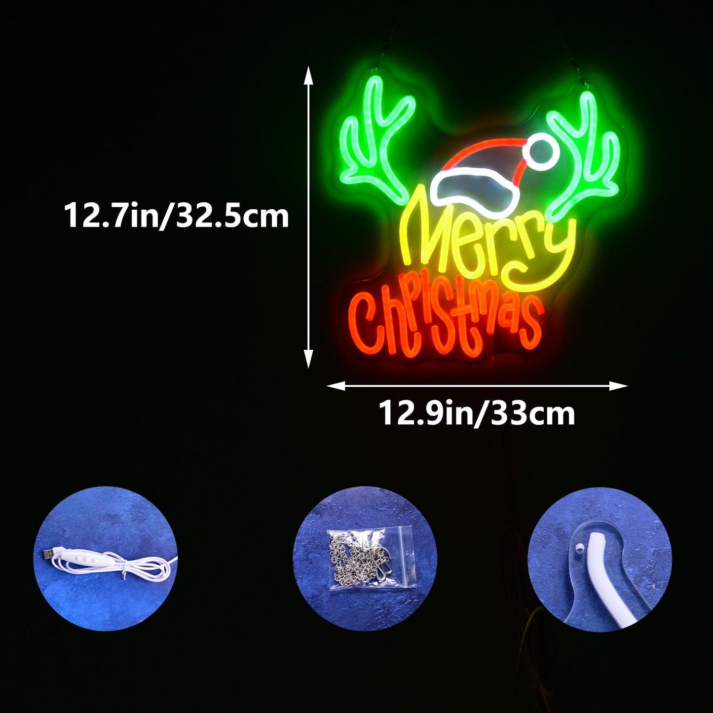 Merry Christmas Neon Sign with Deer Antlers and Santa Hat, Cute Happy New Year Decor for Home, Holiday Party Decorations, Xmas Lights for Wall Window Bar
