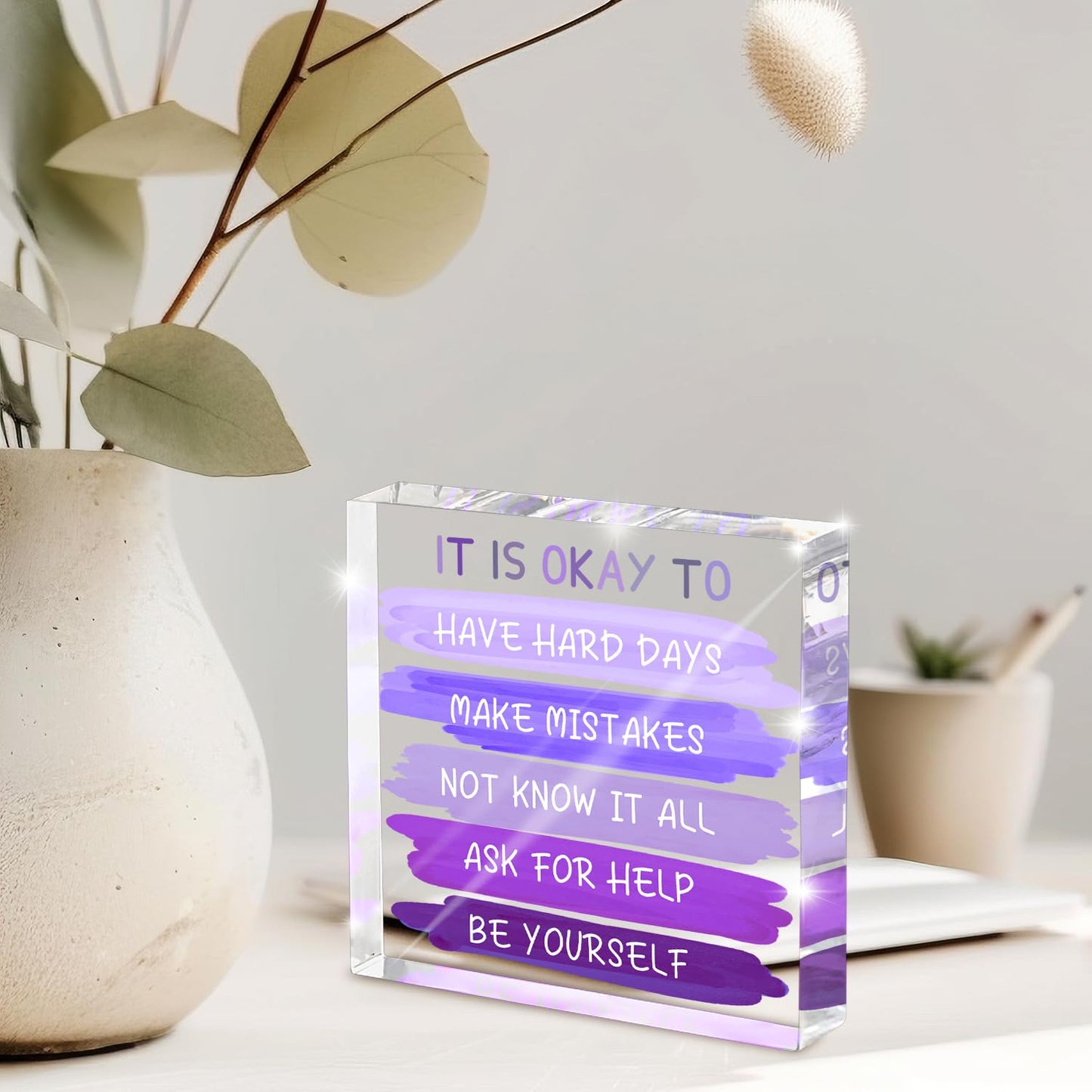 Mental Health “It Is Okay To...” Desk Sign - 4x4 Inch Purple Acrylic Affirmation Decor for Women, Therapy Office Decor, Self-Compassion Gifts, Anxiety Relief & Positive Workspace Accessories