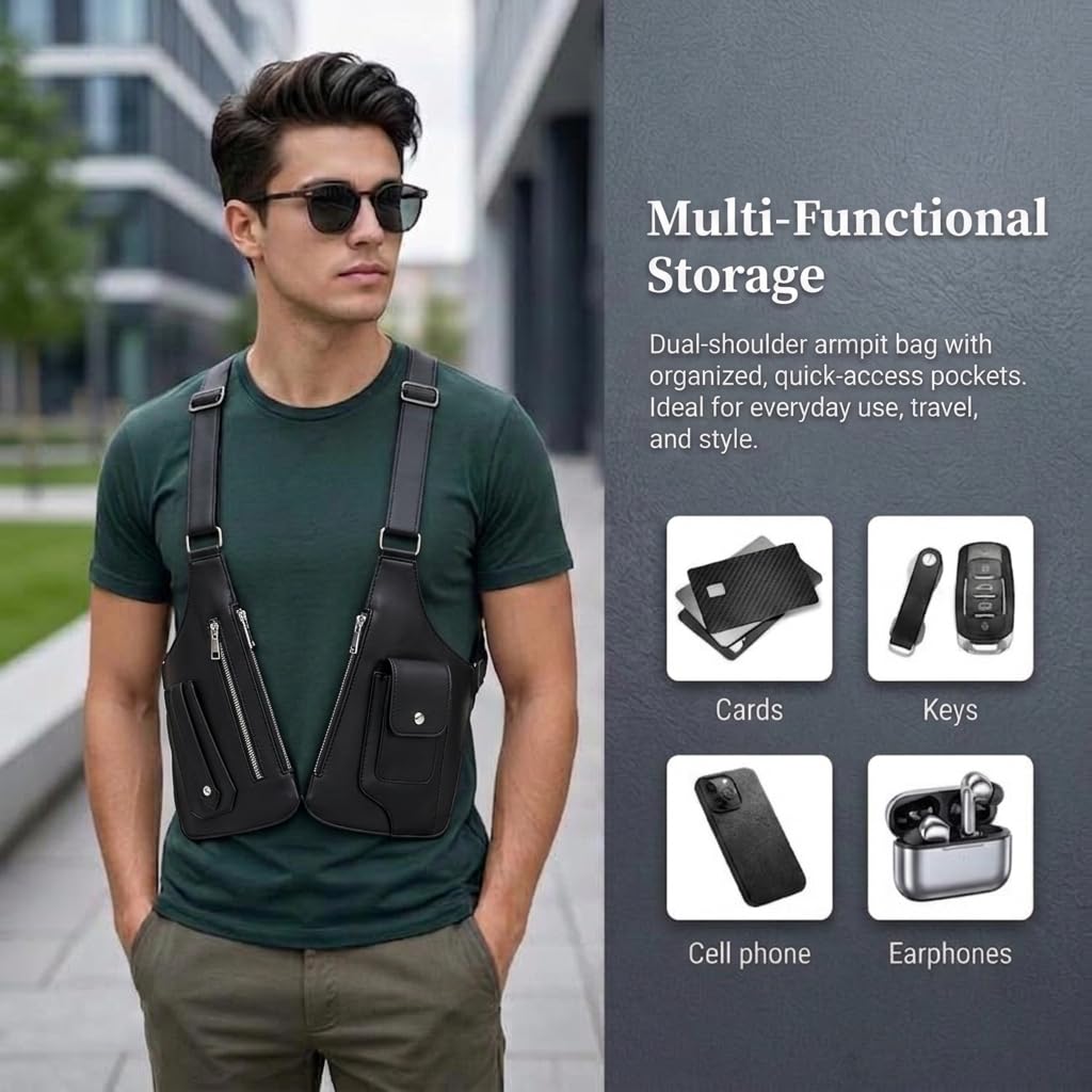 Double Shoulder Armpit Bag for Men, Underarm Shoulder Bag, PU Leather, Anti-theft Hidden Compartment, Adjustable Straps, Waterproof Multi-Pocket for Daily Travel, Hiking and Business