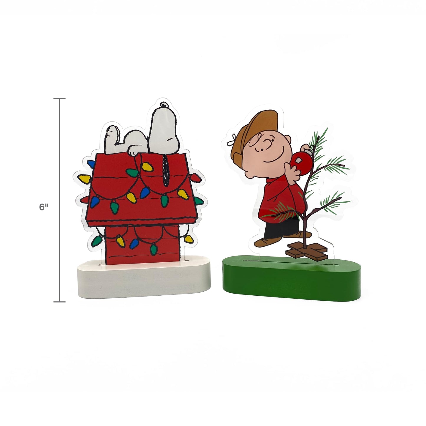 Mark Feldstein, Peanuts Holiday LED Illuminated Acrylic Tabletop Lights, Snoopy's Decorated Doghouse and Charlie Brown's Christmas Tree, 6 Inch (Set of 2)