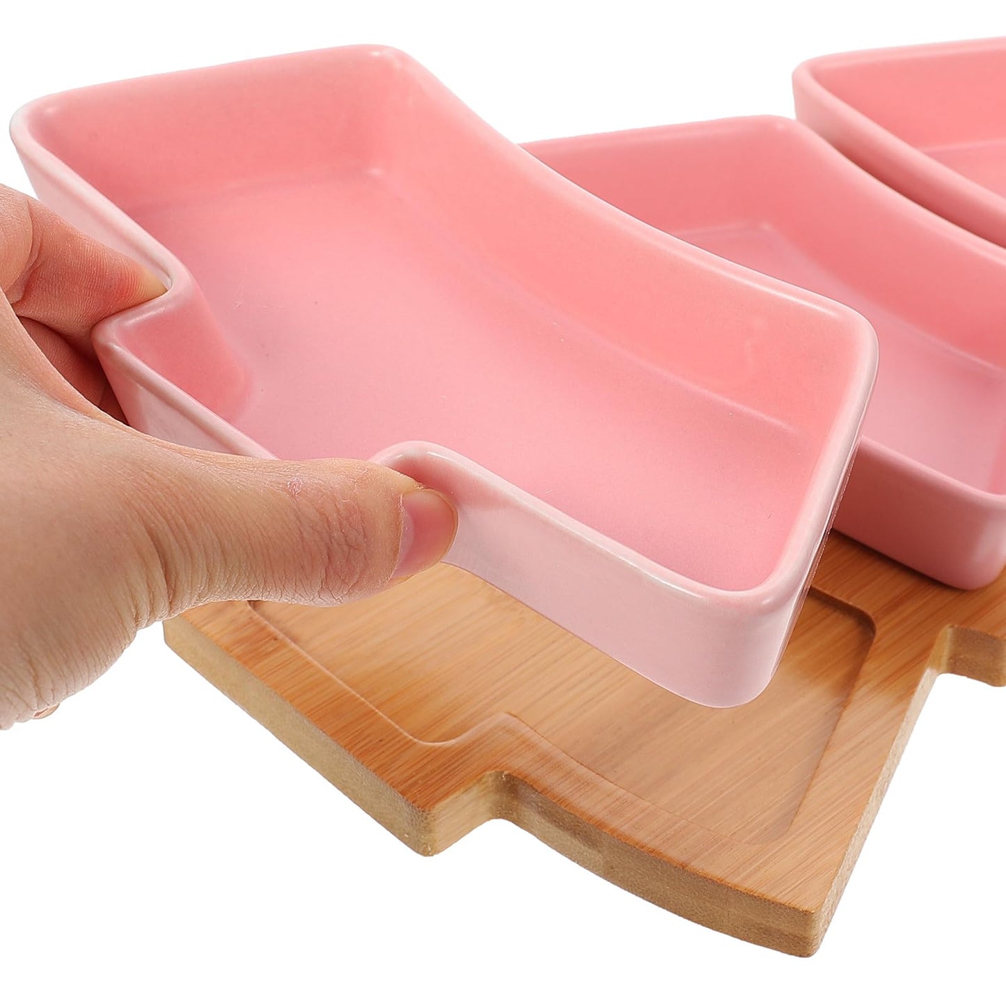 DOITOOL Christmas Tree Ceramic Dish with Wooden Tree Tray, 10.39 in Christmas Tree Shape Serving Tray Platter Set, Festive Tableware for Candy Snacks Fruit Cookie, Holiday Party Supplies (Pink)