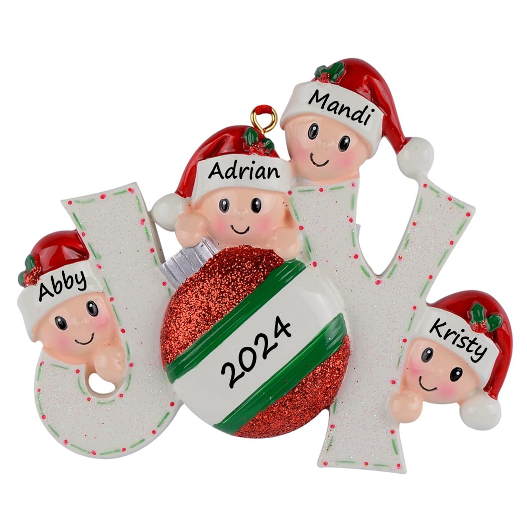Personalized Joy Family Ornament 2024, Elves Happy Family of 4 for Xmas Tree Decorations, 4 Grandkids Ornament, Customized, Unique Family Christmas Tree Ornaments 2024 - Customize Name for You