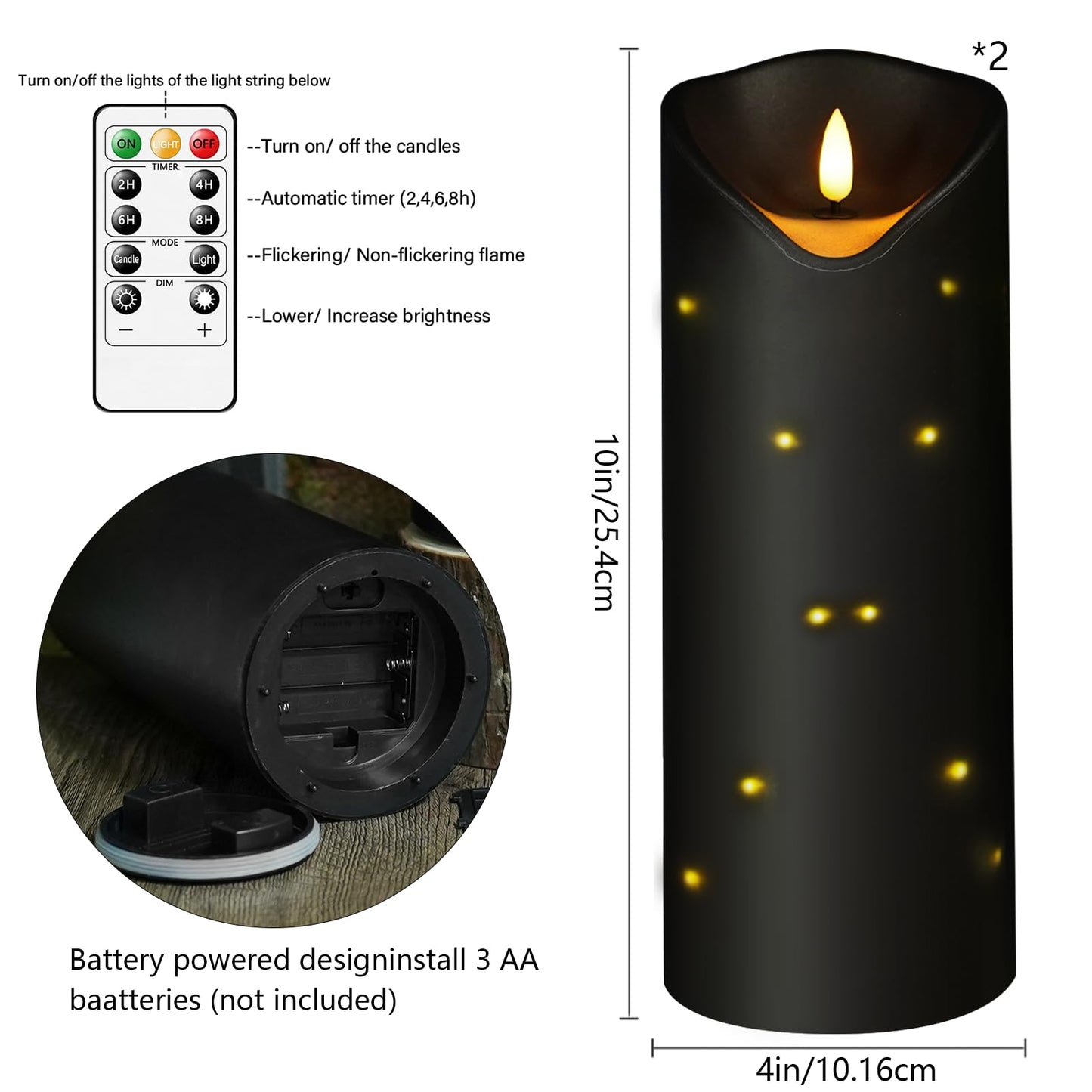 4" x10" Outdoor Flameless Candles Waterproof, Battery Operated LED Candles with Remote Control and Timer，Internal string lights，Black , Set of 2，Suitable for home decoration and holiday decoration