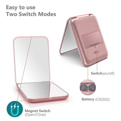 Kintion Pocket Mirror, 1X/3X Magnification LED Compact Travel Makeup Mirror with Light for Purse, 2-Sided, Portable, Folding, Handheld, Small Lighted Mirror for Gift, Pink