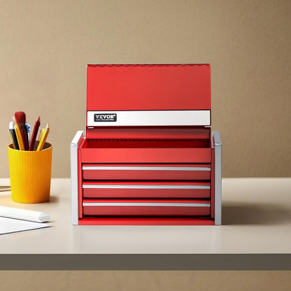 VEVOR Metal Tool Box, 8.6-inch, Portable Metal Tool Box with 3 Drawers, Small Tool Chest with EVA Liners and PP Feet Pads, Heavy-Duty Steel With Ball Bearing Opening and Powder Coated Finish, Red