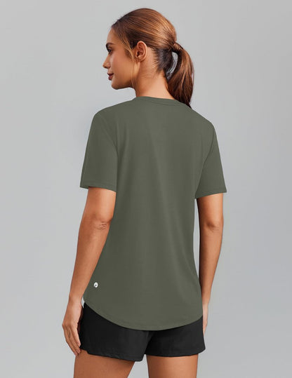 PINSPARK Breathable T-Shirts for Women Short Sleeve V Neck Moisture Wicking Workout Tops Quick Dry Lightweight Athletic Gym Shirts,Olive Green Medium