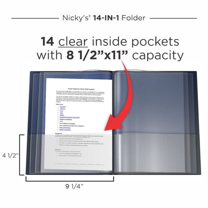 Nicky's® Multi Pocket Organizer, 10 or 14 Page Folder, Waterproof, Patented Tear-Resistant, Flexible Plastic, Proudly Made in USA, Binder Substitute. (14-in-1 Navy Blue)