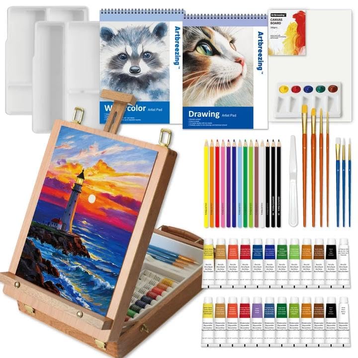 Artbreezing Mixed Media Art Set,55 Pack Painting Supplies Kit with Tabletop Sketch Box Easel and Various Accessories,Complete Painting Set for Students Artists Beginners
