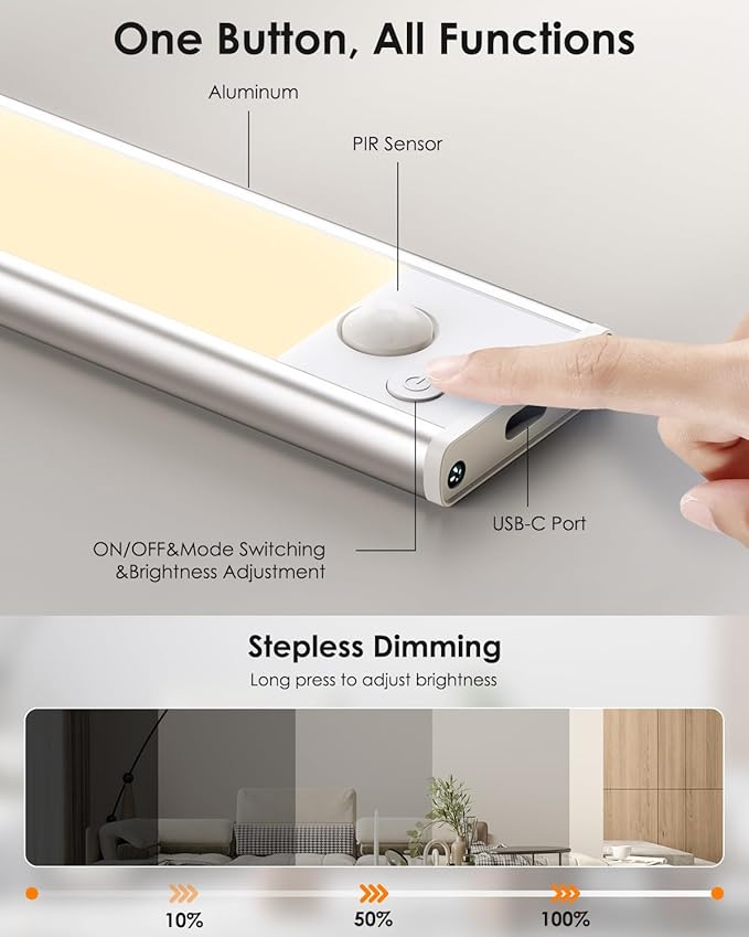 12in Under Cabinet Lights, Upgraded 2500mAh Under Cabinet Lighting, Rechargeable Motion Sensor Light Indoor LED Closet Lights Under-Counter Light Fixtures for Kitchen, Hallway, Stairs, 5-Pack