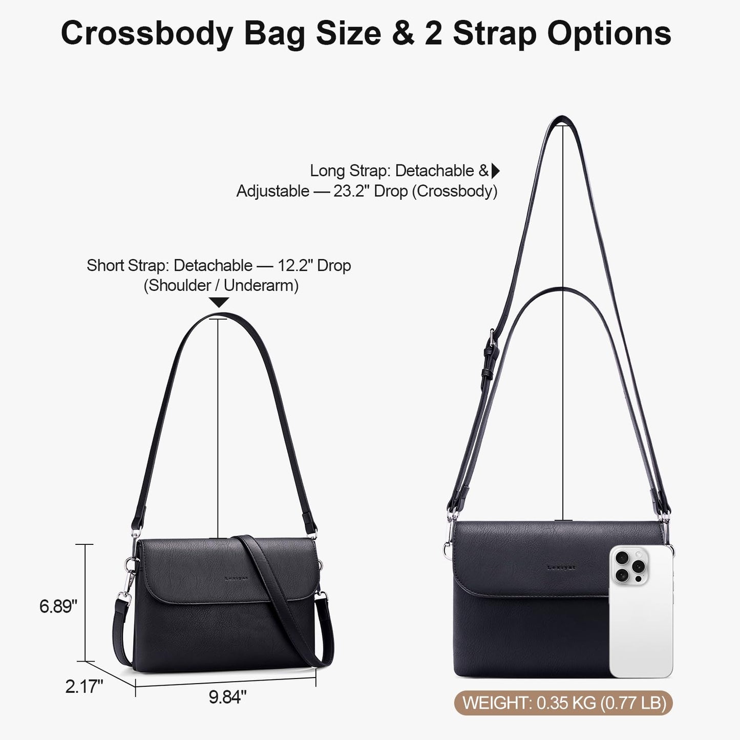 Lexiyat Crossbody Bags for Women Vegan Leather Travel Small Cell Phone Purse Rfid Shoulder Bag with 2 Straps Black