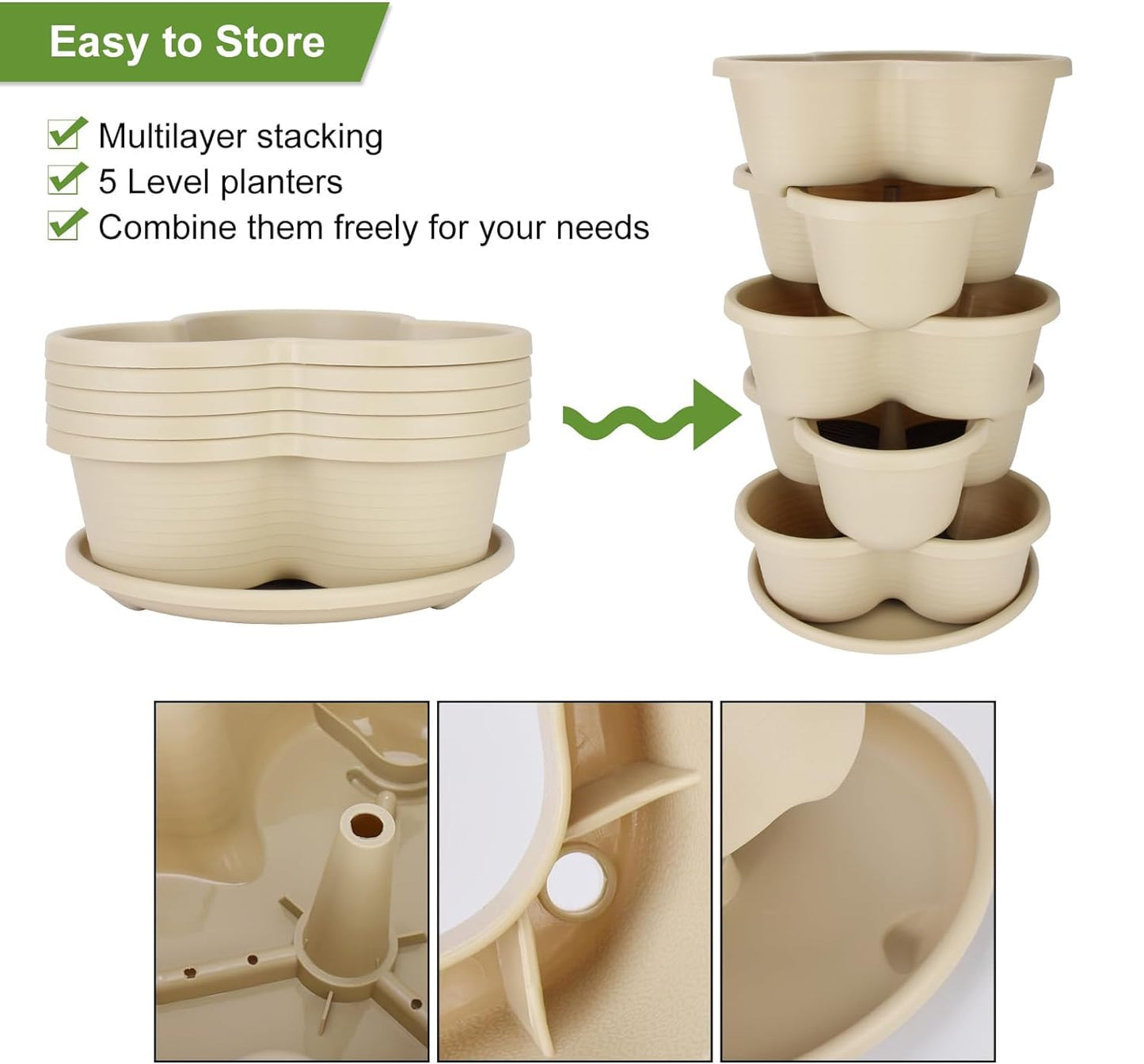 RooTrimmer 5 Tier Vertical Planters Stackable Gardening Planter for Strawberries, Flowers, Herb and Vegetables, White