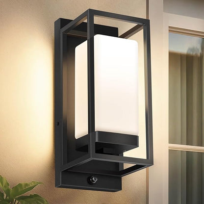 RAYVO Modern Outdoor Wall Light with Dusk to Dawn Sensor, Waterproof Exterior Light Fixture with E26 Base, 3000K LED Bulb Included, Black Metal Frame Outdoor Sconce Lights for Porch Garage Entryway