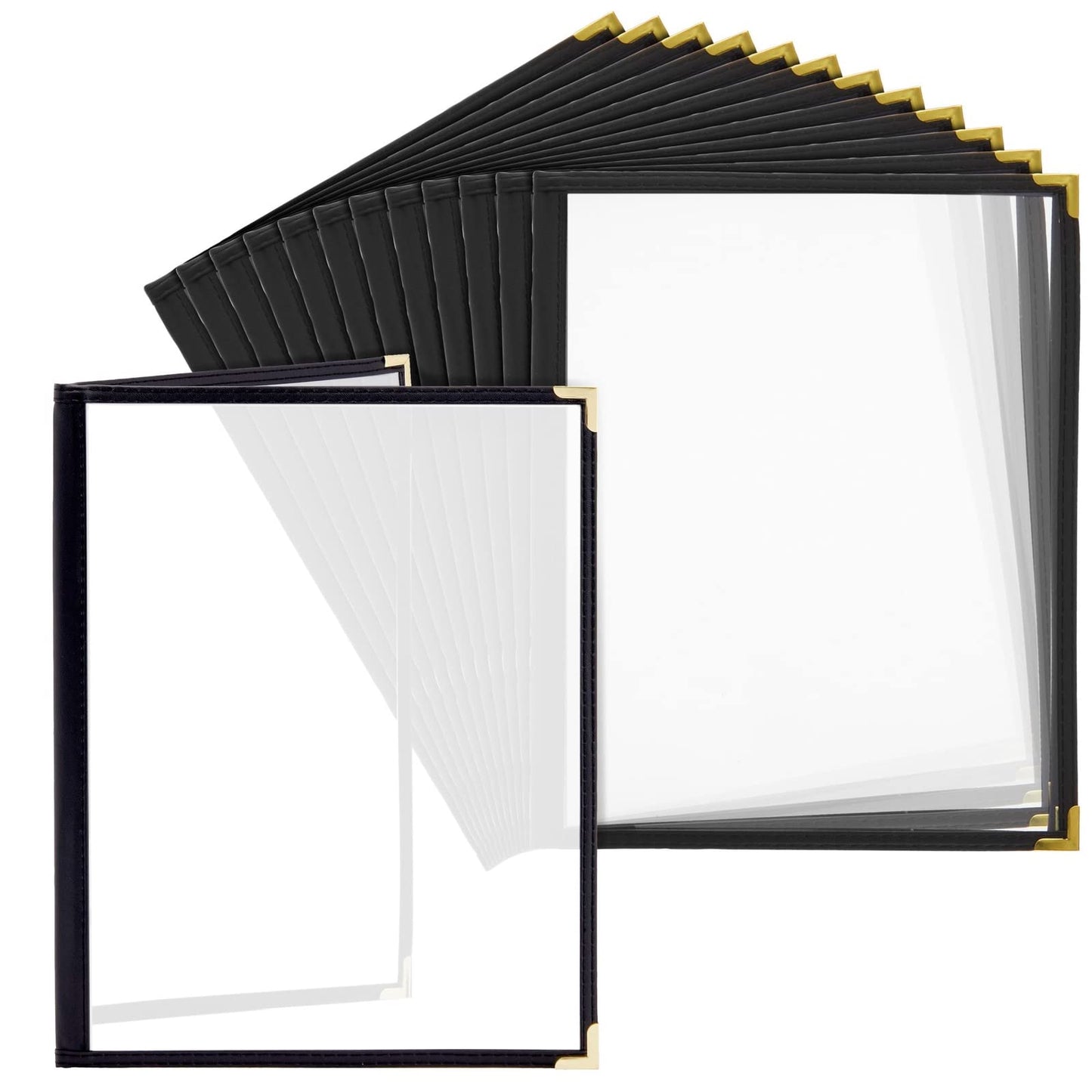 Juvale Clear Menu Covers 8x11 in 4 View - 12-Pack, Letter Size Black PU Leather - Double Panel Clear Sleeves & Gold Metal Corners - Menu Holders for Restaurants & Bars