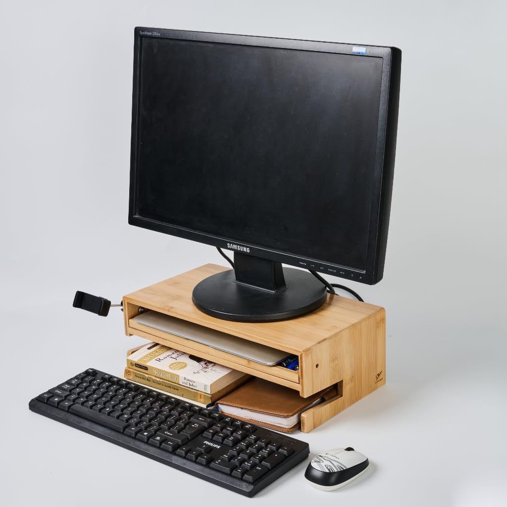 LICHIL Monitor Stand Desk Top Organizer with Storage Drawer & Phone Holder,Bamboo Monitor Stand with Keyboard Tray, Wide Monitor Riser Non Slip Desk Riser