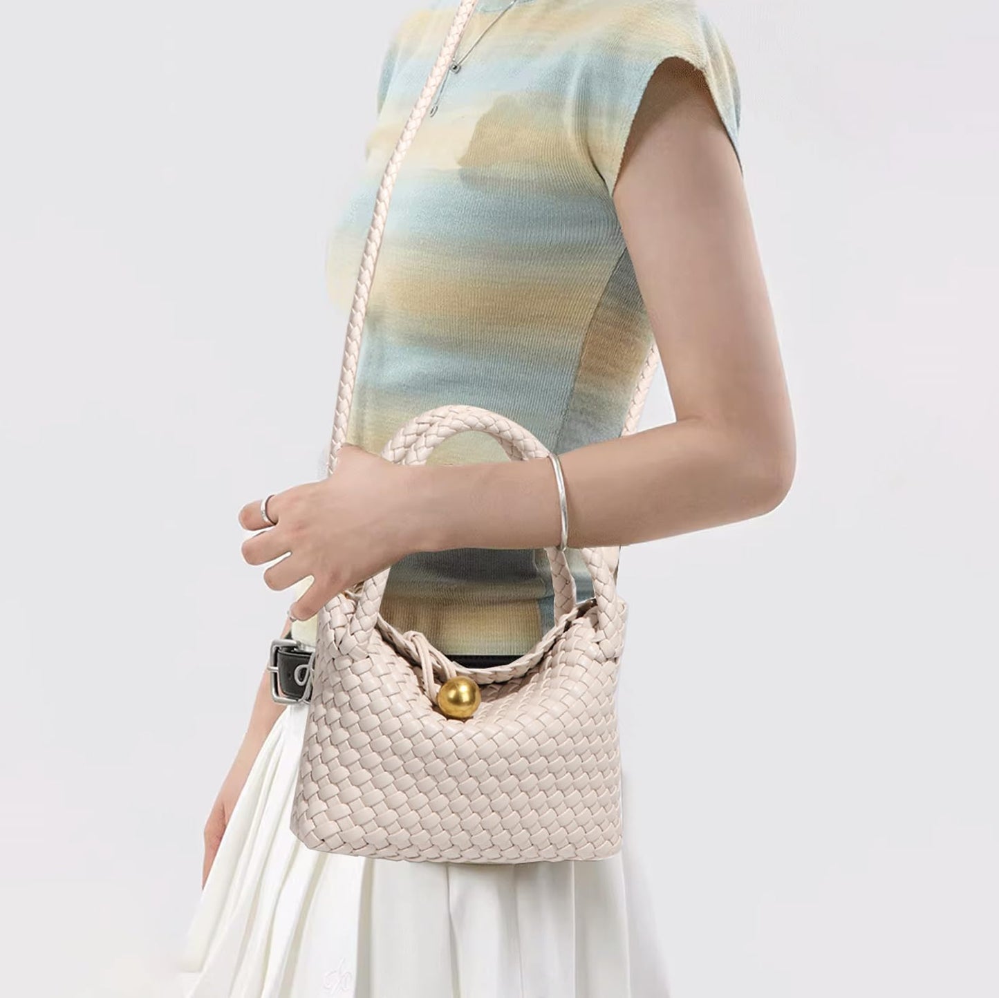 Waiyqju Mini Woven Women's Handbag Lightweight Luxury Vegan Leather Handle Fashion Business Daily Crossbody Bag (6# Off-white)