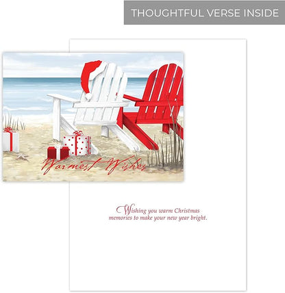 Masterpiece Beach Chairs Cards / 16 Warmest Wishes Coastal Holiday Card Set With Red Foil And White Envelopes / 5 5/8" x 7 7/8" Tropical Vacation Greeting Cards With Meaningful Inside Verse