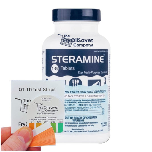 1 Bottle Steramine Sanitizer Tablets w/15x QT-10 Test Strips - Multi Purpose Steramine Sanitizing Tablets for Food Contact Surface, Kitchen, Restaurant & Commercial Use by FryOilSaver (150 Count)